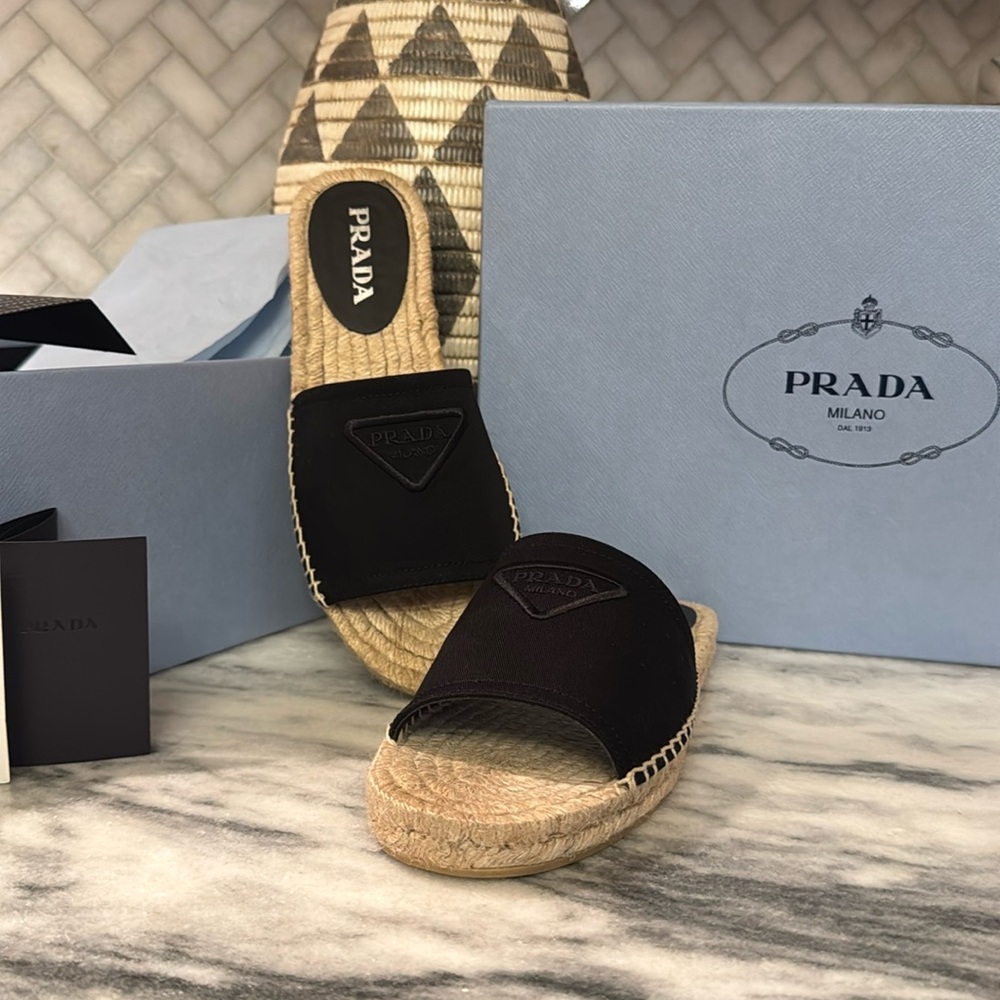 Prada Black Slide espadrille Sandals -triangle embroidered Logo women’s size 9